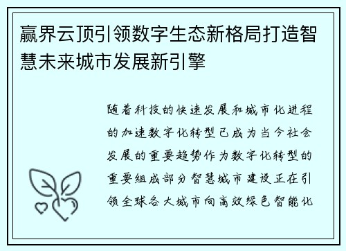 赢界云顶引领数字生态新格局打造智慧未来城市发展新引擎